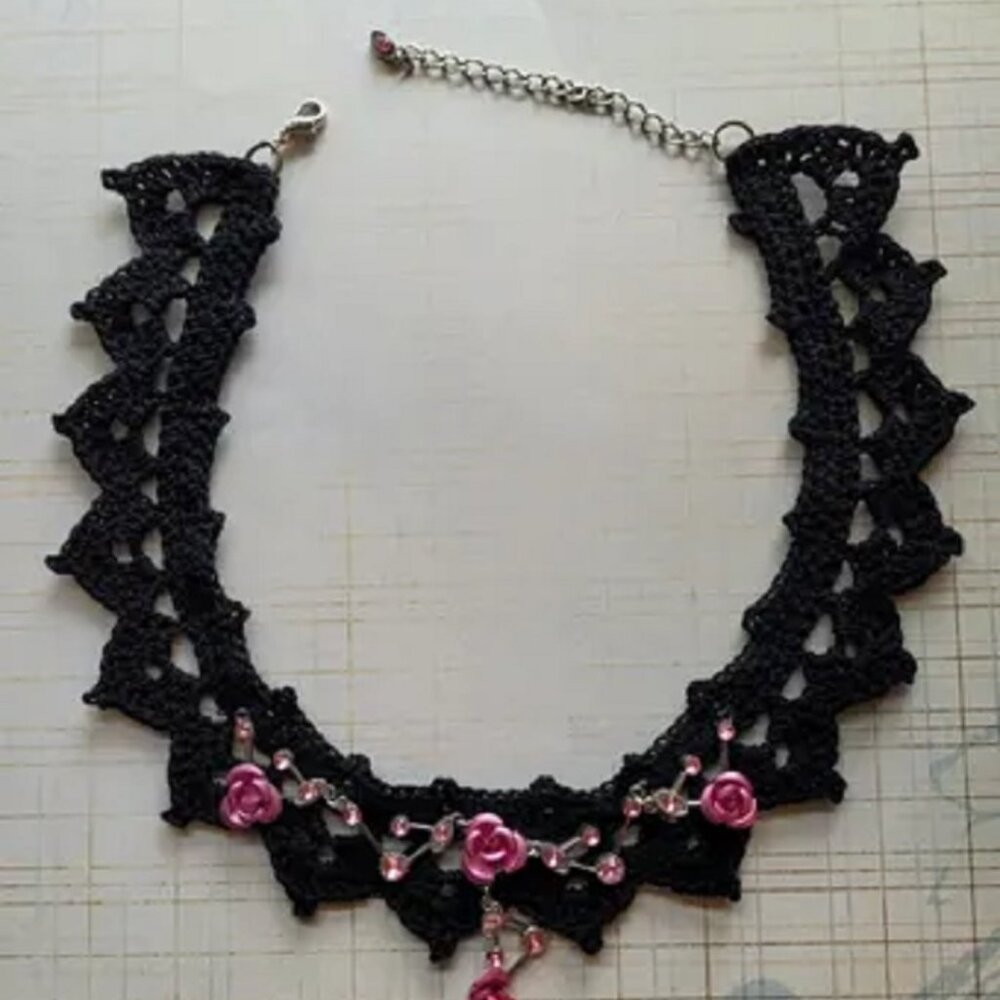 Repurposed Modern Jewelry on Hand Crafted Crochet Boho / Goth Choker Necklace